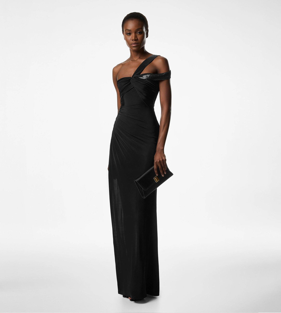 ABENDKLEID MIT EINER SCHULTER UND VERZIERTER FRONTSEITE ABENDKLEID MIT EINER SCHULTER UND VERZIERTER FRONTSEITE