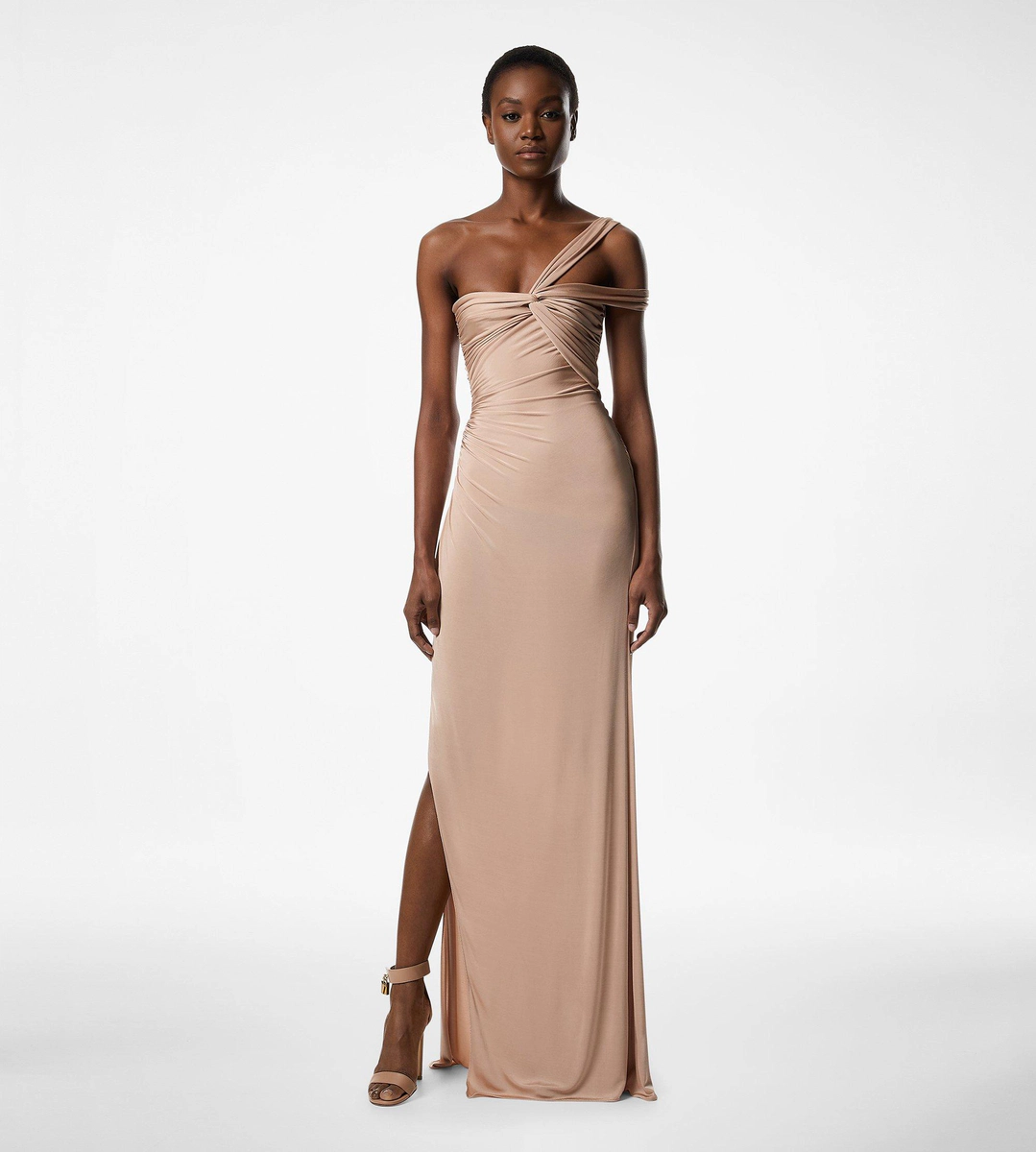 ABENDKLEID MIT EINER SCHULTER UND VERZIERTER FRONTSEITE ABENDKLEID MIT EINER SCHULTER UND VERZIERTER FRONTSEITE