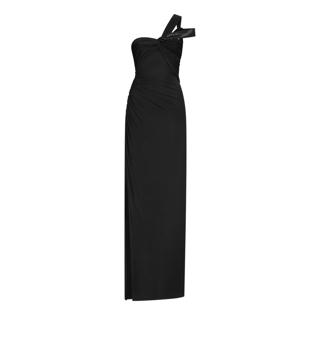 ABENDKLEID MIT EINER SCHULTER UND VERZIERTER FRONTSEITE ABENDKLEID MIT EINER SCHULTER UND VERZIERTER FRONTSEITE