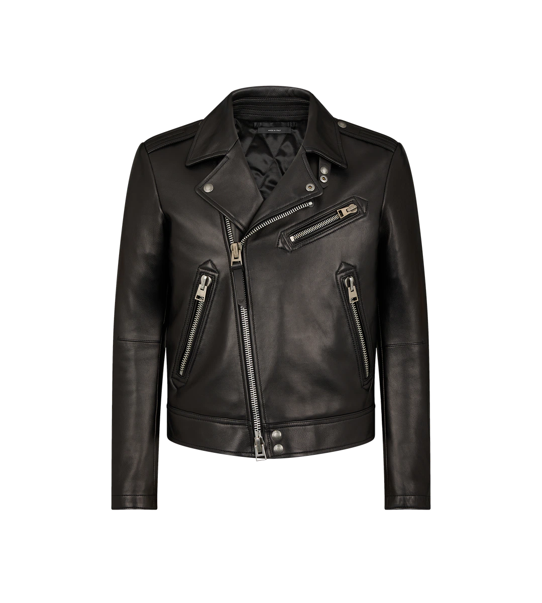 ASYMMETRISCHE BIKERJACKE AUS GENARBTLEDER ASYMMETRISCHE BIKERJACKE AUS GENARBTLEDER