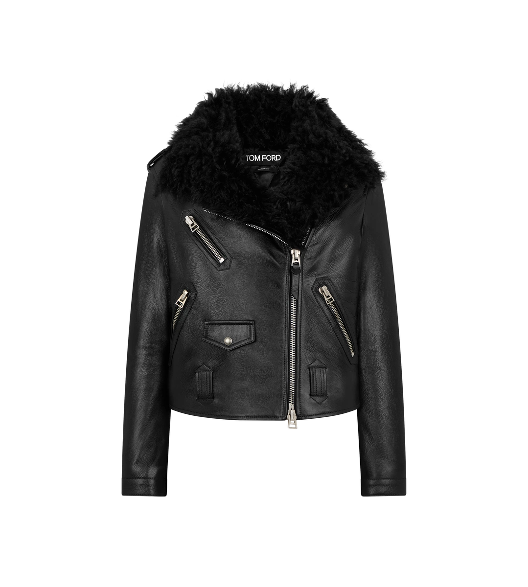 ASYMMETRISCHE BIKERJACKE AUS LEDER MIT SHEARLING ASYMMETRISCHE BIKERJACKE AUS LEDER MIT SHEARLING
