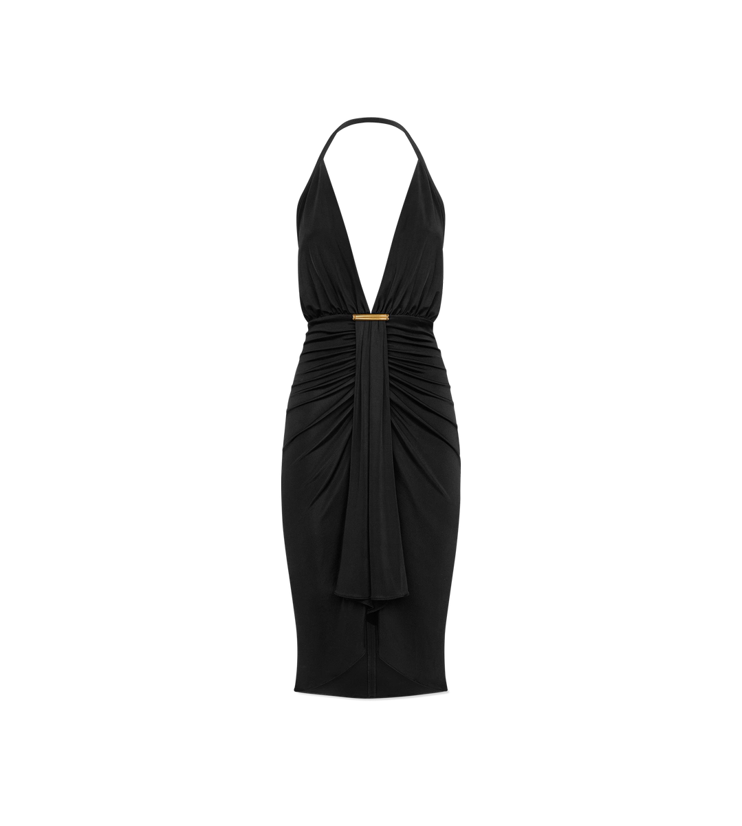 Cocktailkleid mit V-Ausschnitt und drapiertem Wasserfalldetail vorne in der Mitte Cocktailkleid mit V-Ausschnitt und drapiertem Wasserfalldetail vorne in der Mitte