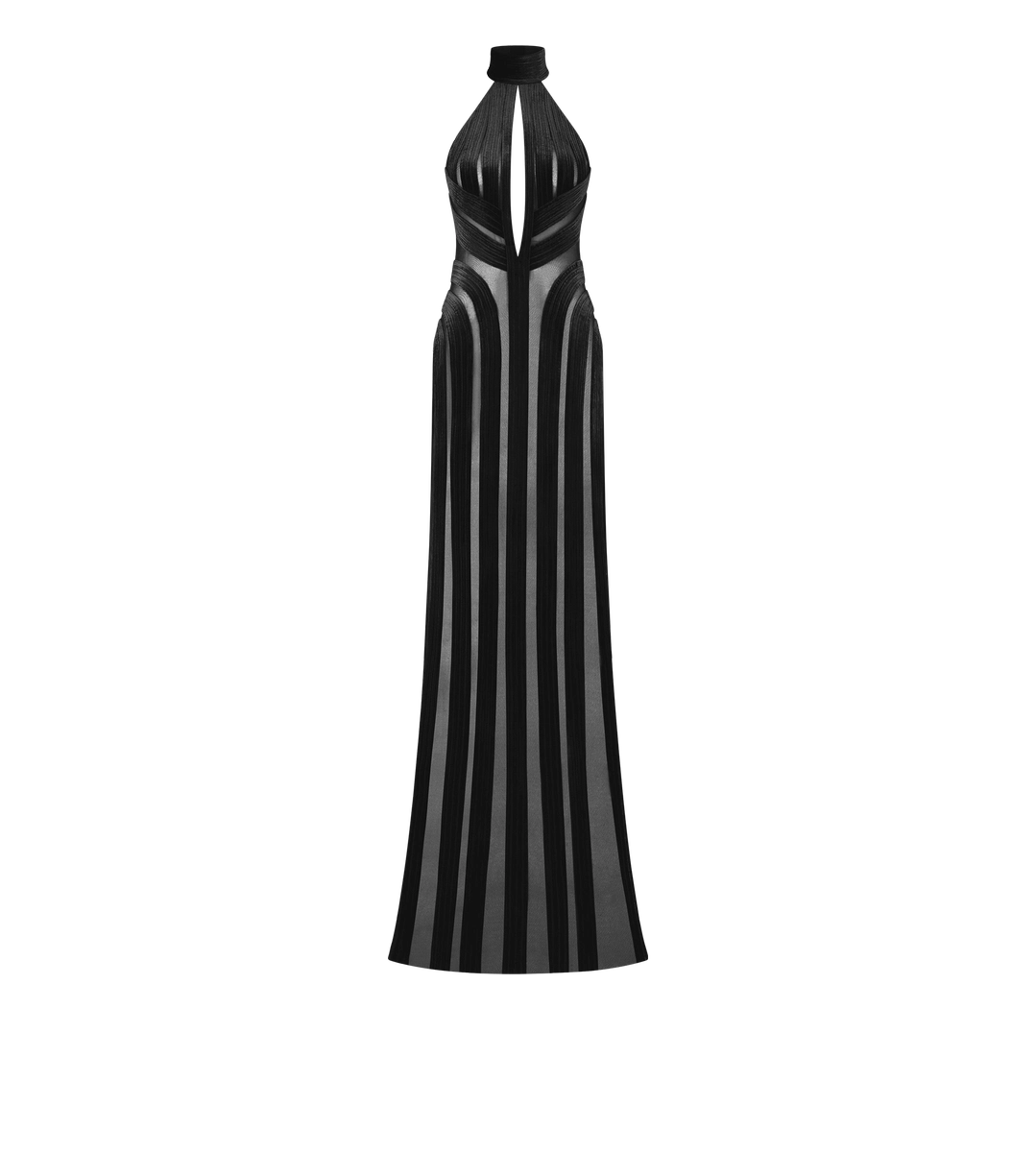 Neckholder-Abendkleid aus Stretch-Tüll und Samt Neckholder-Abendkleid aus Stretch-Tüll und Samt