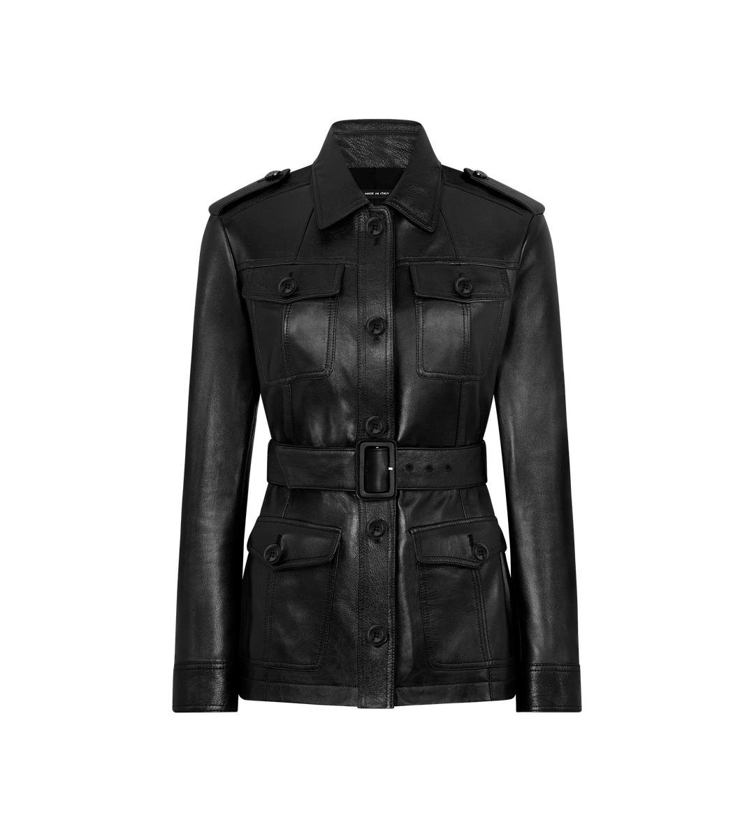 SAFARIJACKE AUS GLÄNZENDEM LEDER MIT GÜRTEL SAFARIJACKE AUS GLÄNZENDEM LEDER MIT GÜRTEL